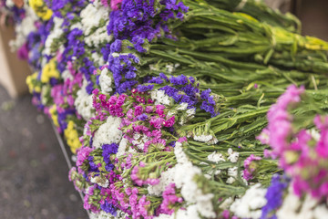 Flores coloridas em banca de feira