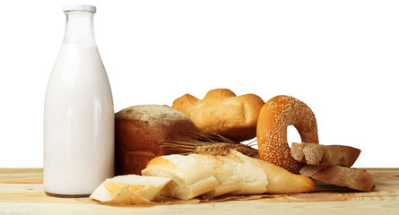 Bread and milk on the table