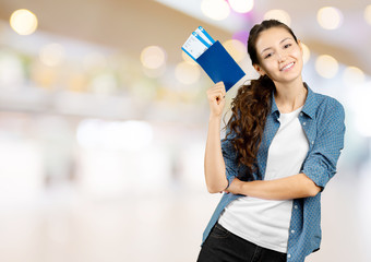 Woman holding  air ticket isolated