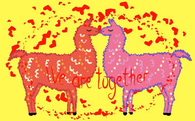 Two lovers, kissing llamas surrounded by hearts. Love is in the air. The inscription We are together, postcard, Valentine's day