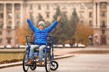 Happy boy in wheelchair outdoors on autumn day