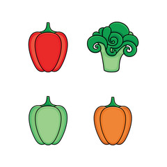 Set of green, red and orange bell pepper and broccoli vegetable icons, flat vector illustration isolated on white background. Stylized bell pepper and broccoli flat style icon set
