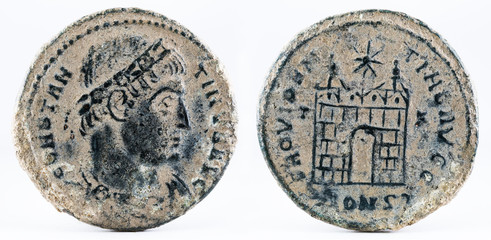 Ancient Roman copper coin of Emperor Constantine I Magnus.