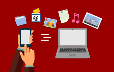 File sharing. The transfer of data. The hand with the phone. Send documents from your smartphone to the laptop.