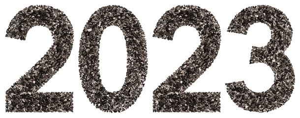 Numeral 2023 from black a natural charcoal, isolated on white background