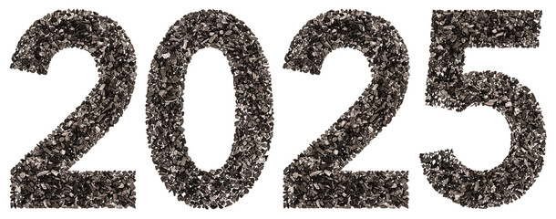 Numeral 2025 from black a natural charcoal, isolated on white background