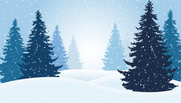 Vector illustration of winter forest with snow and mist, suitable as Christmas card
