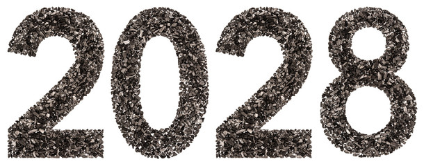 Numeral 2028 from black a natural charcoal, isolated on white background