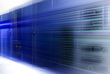 Data center with hard drives. Big data and speed motion concept