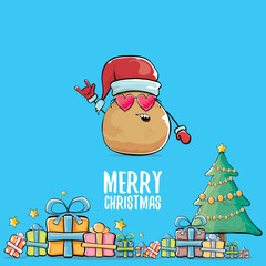 vector funky comic cartoon cute brown smiling santa claus potato with red santa hat, gifts, tree and calligraphic merry christmas text isolated on blue background. funky christmas character