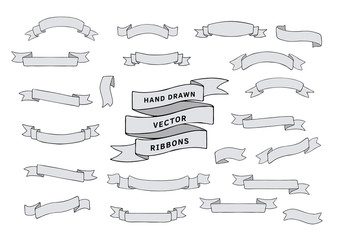 Ribbons hand drawn. Vector ribbon banners set gray and black colors isolated on white background.