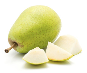 One green pear and three pieces isolated on white background.