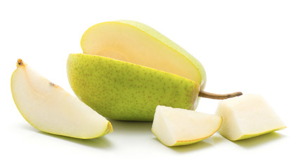 Open green pear with one slice and two pieces isolated on white background.