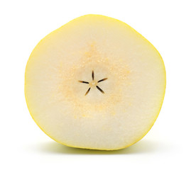 One green pear sliced circle isolated on white background.
