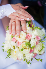 Obraz na płótnie Canvas hands of the bride and groom with rings on a beautiful bouquet of roses