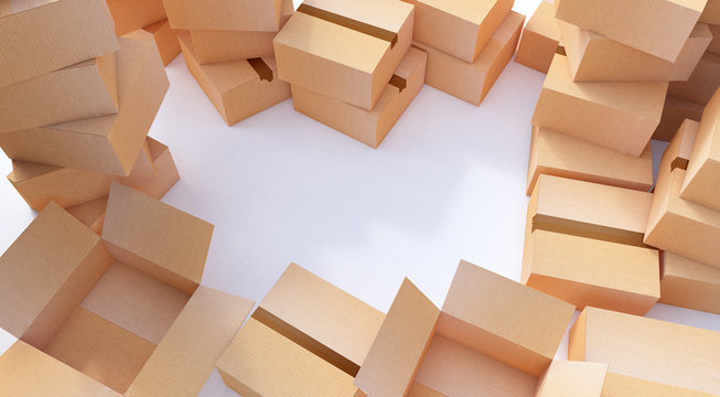 3d rendering. Pile of cardboard boxes isolated on white.