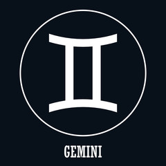 Vector. Zodiac sign Gemini on black background. Detailed stylish icon for cards. Modern style drawing. Glowing lines and points. Constellation with title. Simple geometric style