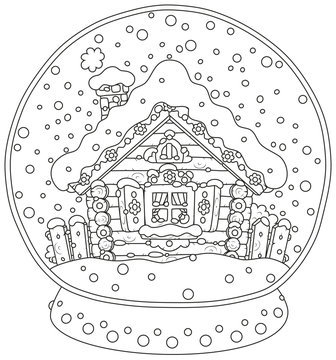 Black and white vector illustration of a Christmas crystal ball with a snow-covered small log house and falling snow inside