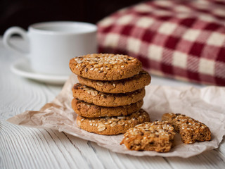 oatmeal cookies closeup, morning breakfast, still life with biscuits and coffee