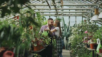 Happy young florist couple in apron working in greenhouse. Cheerful woman embrace and kiss his husband watering flowers with garden pot