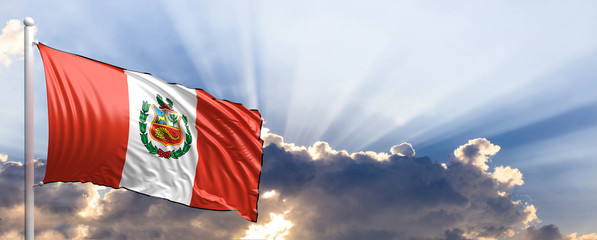 Peru flag on blue sky. 3d illustration