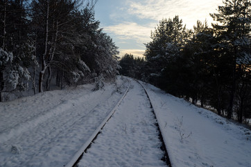 Railway under the snow. Forest near Kiev at winter
