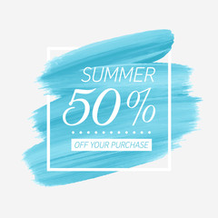 Summer sale 50% off sign over watercolor art brush stroke paint abstract background vector illustration. Perfect acrylic design for a shop and sale banners.