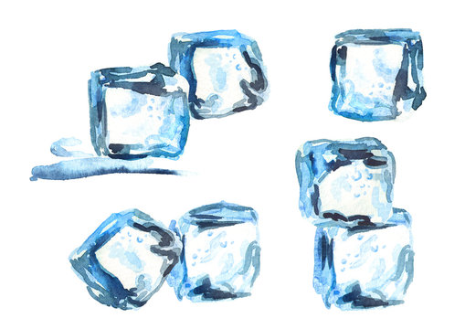 Ice cubes isolated on white background compositions set. Watercolor hand drawn illustration