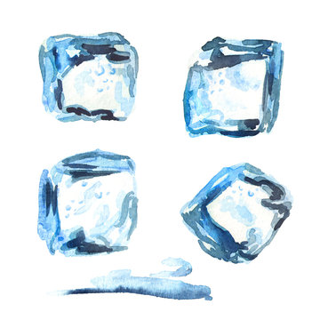 Ice cubes isolated on white background set. Watercolor hand drawn illustration