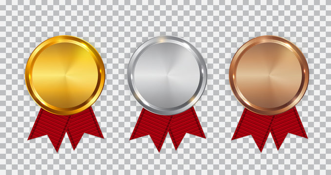 Champion Gold, Silver and Bronze Medal Template with Red Ribbon. Icon Sign of First, Second  and Third Place Isolated on Transparent Background. Vector Illustration