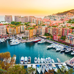 Panoramic view of Port de Fontvieille in Monaco. Azur coast. Colorful bay with a lot of luxury...