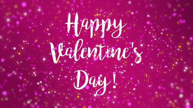 Romantic sparkly pink Happy Valentine's Day greeting card animation with handwritten text and falling colorful glitter particles.