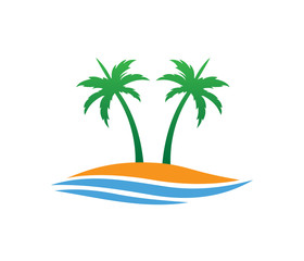 sun beach ocean wave palm coconut tree vector logo design