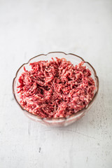 Minced beef pork or lamb meat in a glass bowl