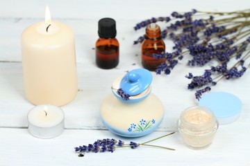 Fototapeta na wymiar Lavender spa composition, beauty treatment, candle, cream, essential oil