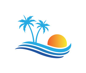 Fototapeta premium sun beach ocean wave palm coconut tree vector logo design