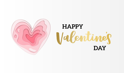 Vector greeting card for valenrines day. Modern papercut design. Romantic illustration with cutout multi layers of paper heart and lettering Happy Valentines Day.