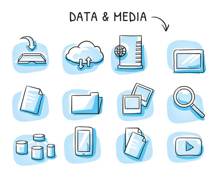 Set with file sharing icons, as cloud, file folder, data blocks, papers, photos, server and mobile devices. Hand drawn sketch vector illustration, blue marker style coloring on single blue tiles.