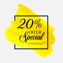 Sale special offer 20% off sign over watercolor art brush stroke paint abstract background vector illustration. Perfect acrylic design for a shop and sale banners.