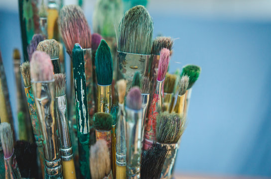 Set of old artistic multicolor brushes