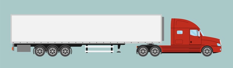 Big commercial semi truck with trailer. Trailer truck in flat style isolated. Delivery and shipping business cargo truck. Vecror illustration.