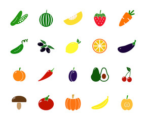Set of colored vegetable icons. Tomato, eggplant, apple, lemon, cucumber, strawberry and more.