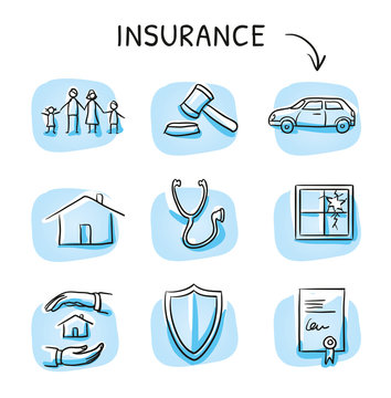 Set with different insurance icons, as car, health, legal, liability, family, life, and house. Hand drawn sketch vector illustration, blue marker style coloring on single blue tiles.