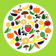 Set of colored vegetable icons. Circle with tomato, eggplant, apple, lemon, cucumber, strawberry and more.