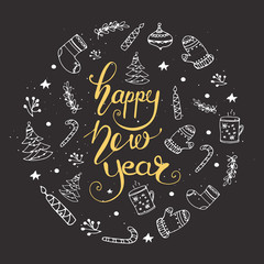 Greeting card design with lettering Happy New Year. Vector illustration.