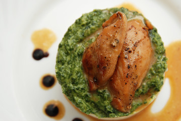 Stuffed roast chicken with mashed potatoes with sauce. Close up, Top View