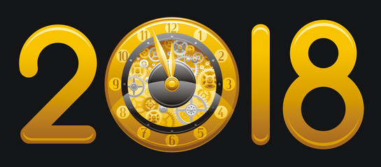 Happy New year 2018 Merry Christmas flyer. Greeting card, calendar poster design. Clockwork, cogwheel, retro vintage clock element black background. Gold vector icon, text letter, flat illustration