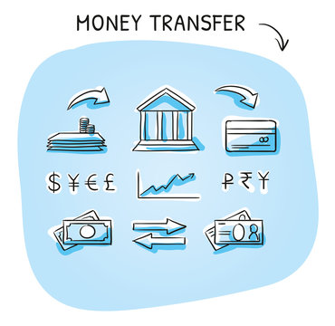 Set with money and bank transfer icons, different icons for currency, deposit, credit card, bills and stock market. Hand drawn sketch vector illustration, blue marker coloring on blue background. 