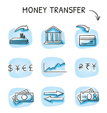 Set with money and bank transfer icons, different icons for currency, deposit, credit card, bills and stock market. Hand drawn sketch vector illustration, blue marker coloring on single blue tiles. 