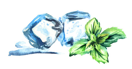 Ice cubes and mint leaves on a white background horizontal watercolor hand drawn illustration